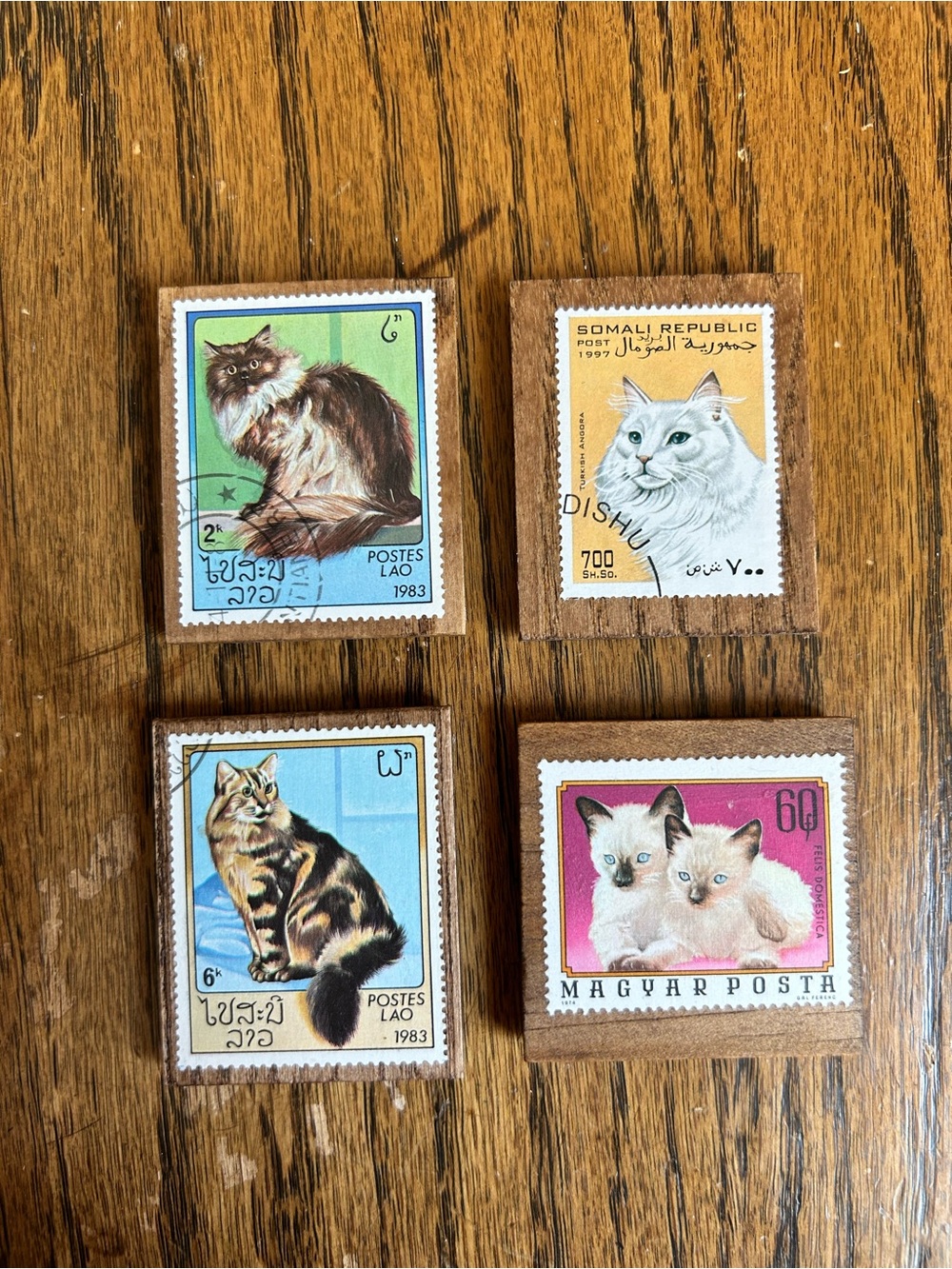 Handmade Vintage Postage Stamp Magnets On Wood • Cats
